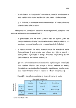 279
− a secundidade no “acoplamento” deriva de as partes se reconhecerem e
seus códigos entrarem em relação, mas continuarem independentes e
− já na “inclusão”, a terceiridade apresenta-se na forma de um novo software
produzido pelo esforço comum.
O segundo eixo corresponde à extensão desse engajamento, compondo uma
matriz de nove quadrantes (figura 27 abaixo):
− a primeiridade está na marca pontual face ao objetivo geral do
desenvolvimento – pode ser percebida na simples cópia (empréstimo), no
uso de um comando (acoplamento) e no patch de ajuste (inclusão);
− a secundidade está na marca extensiva capaz de acrescentar novas
funcionalidades à programação sem alterar seu objetivo central –
corresponde à reprodução de códigos funcionais (empréstimo), às API
(acoplamento) e aos módulos (inclusão) e
− por fim, a terceiridade está na marca sistêmica explicitada pela consecução
dos objetivos visados pelo código – faz-se presente no forking
(empréstimo), nas distribuições, integrações e plataformas (acoplamento),
e no desenvolvimento central de projetos de software livre (inclusão).
Figura 27 – Matriz fenomenológica do desenvolvimento de código
3
o
Inclusão
2
o
Acoplamento
1
o
Empréstimo
1
o
Pontual
patches comando segmento
2
o
Extensivo
módulos API funcionalidade
3
o
Sistêmico
projetos integrações forking
Fonte: Desenho do autor
Natureza do engajamento
Extensãodo
engajamento
 