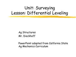 Unit: Surveying
Lesson: Differential Leveling
Ag Structures
Mr. Dieckhoff
PowerPoint adopted from California State
Ag Mechanics Curriculum
 