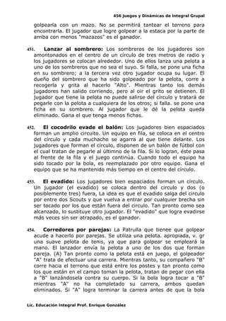 456 Juegos y Dinámicas de Integral Grupal
golpearla con un mazo. No se permitirá tantear el terreno para
encontrarla. El jugador que logre golpear a la estaca por la parte de
arriba con menos "mazazos" es el ganador.
451. Lanzar al sombrero: Los sombreros de los jugadores son
amontonados en el centro de un círculo de tres metros de radio y
los jugadores se colocan alrededor. Uno de ellos lanza una pelota a
uno de los sombreros que no sea el suyo. Si falla, se pone una ficha
en su sombrero; a la tercera vez otro jugador ocupa su lugar. El
dueño del sombrero que ha sido golpeado por la pelota, corre a
recogerla y grita al hacerlo "Alto". Mientras tanto los demás
jugadores han salido corriendo, pero al oir el grito se detienen. El
jugador que tiene la pelota no puede salirse del círculo y tratará de
pegarle con la pelota a cualquiera de los otros; si falla. se pone una
ficha en su sombrero. Al jugador que le dé la pelota queda
eliminado. Gana el que tenga menos fichas.
452. El cocodrilo evade el balón: Los jugadores bien espaciados
forman un amplio circuito. Un equipo en fila, se coloca en el centro
del círculo y cada muchacho se agarra al que tiene delante. Los
jugadores que forman el círculo, disponen de un balón de fútbol con
el cual tratan de pegarle al últimno de la fila. Si lo logran, éste pasa
al frente de la fila y el juego continúa. Cuando todo el equipo ha
sido tocado por la bola, es reemplazado por otro equipo. Gana el
equipo que se ha mantenido más tiempo en el centro del círculo.
453. El evadido: Los jugadores bien espaciados forman un círculo.
Un jugador (el evadido) se coloca dentro del circulo y dos (o
posiblemente tres) fuera, La idea es que el evadido salga del circulo
por entre dos Scouts y que vuelva a entrar por cualquier brecha sin
ser tocado por los que están fuera del circulo. Tan pronto como sea
alcanzado, lo sustituye otro jugador. El "evadido" que logra evadirse
más veces sin ser atrapado, es el ganador.
454. Corredores por parejas: La Patrulla que tienee que golpear
acude a hacerlo por parejas. Se utiliza una pelota. apropiada, v. gr
una suave pelota de tenis, ya que para golpear se empleará la
mano. El lanzador envía la pelota a uno de los dos que forman
pareja. (A) Tan pronto como la pelota está en juego, el golpeador
"A" trata de efectuar una carrera. Mientras tanto, su compañero "B"
corre hacia el terreno que está entre los postes y tan pronto como
los que están en el campo toman la pelota, tratan de pegar con ella
a "B" lanzándosela contra su cuerpo. Si la bola logra tocar a "B"
mientras "A" no ha completado su carrera, ambos quedan
eliminados. Si "A" logra terminar la carrera antes de que la bola
Lic. Educación Integral Prof. Enrique González
 
