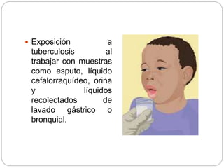  Exposición a
tuberculosis al
trabajar con muestras
como esputo, líquido
cefalorraquídeo, orina
y líquidos
recolectados de
lavado gástrico o
bronquial.
 