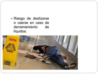  Riesgo de deslizarse
o caerse en caso de
derramamiento de
líquidos.
 