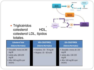  Triglicéridos ,
colesterol HDL,
colesterol LDL, lípidos
totales.
 