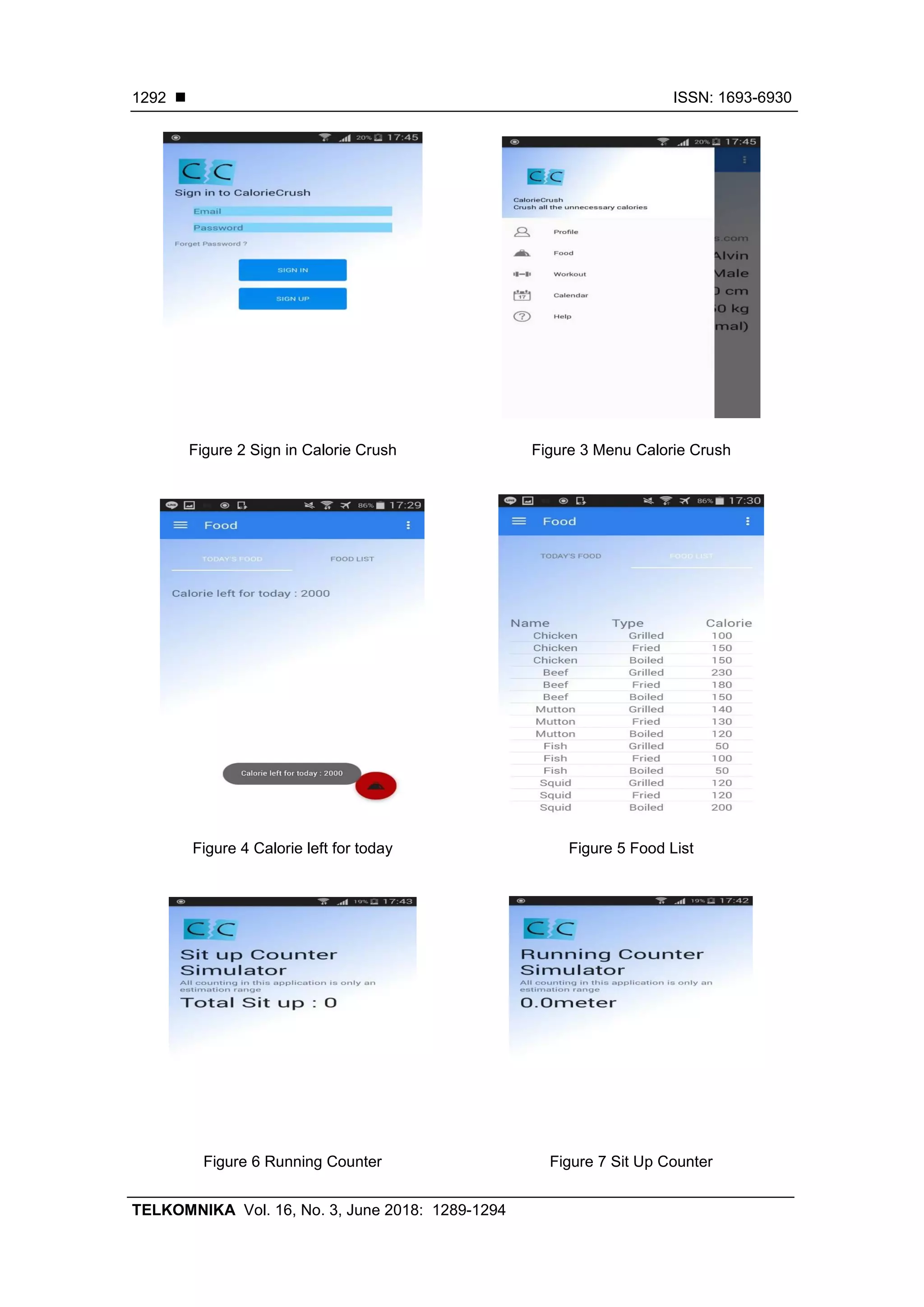  ISSN: 1693-6930
TELKOMNIKA Vol. 16, No. 3, June 2018: 1289-1294
1292
Figure 2 Sign in Calorie Crush Figure 3 Menu Calorie Crush
Figure 4 Calorie left for today Figure 5 Food List
Figure 6 Running Counter Figure 7 Sit Up Counter
 