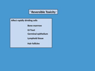 ‘ Reversible Toxicity ‘
Affect rapidly dividing cells
Bone marrrow
GI Tract
Germinal epithelium
Lymphoid tissue
Hair follicles
 