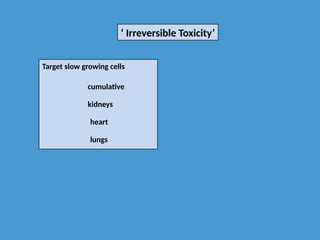 ‘ Irreversible Toxicity’
Target slow growing cells
cumulative
kidneys
heart
lungs
 