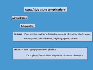 Acute/ Sub acute complications
Administration
Extravasation
Vesicant - Pain, burning, erythema, blistering, necrosis, ulceration/ plastic surgery
Anthracyclines, Vinca alkaloids, alkylating agents, Taxanes
Irritants – pain, hyperpigmentation, phlebitis
Carboplatin, Gemcitabine, Melphalan, Irinotecan, Bleomycin
 