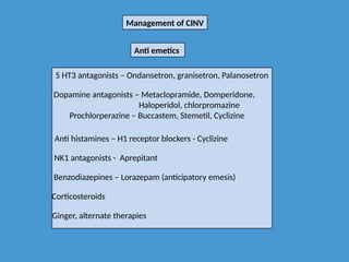 Management of CINV
Anti emetics
5 HT3 antagonists – Ondansetron, granisetron, Palanosetron
Dopamine antagonists – Metaclopramide, Domperidone,
Haloperidol, chlorpromazine
Prochlorperazine – Buccastem, Stemetil, Cyclizine
Anti histamines – H1 receptor blockers - Cyclizine
NK1 antagonists - Aprepitant
Benzodiazepines – Lorazepam (anticipatory emesis)
Corticosteroids
Ginger, alternate therapies
 
