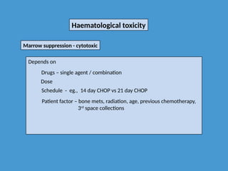 Haematological toxicity
Marrow suppression - cytotoxic
Depends on
Drugs – single agent / combination
Dose
Schedule - eg., 14 day CHOP vs 21 day CHOP
Patient factor – bone mets, radiation, age, previous chemotherapy,
3rd
space collections
 