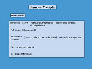 Hormonal Therapies
Breast cancer
Tamoxifen – (SERM) - hot flushes, thrombosis, ↑endometrial cancers,
visual problems
Fulvestrant (ER antagonist)
Anastrazole
Letrozole
(Non steroidal aromatase inhibitor) - arthralgia, osteoporosis
Exemestane (steroidal AI)
LHRH agonist implants
 