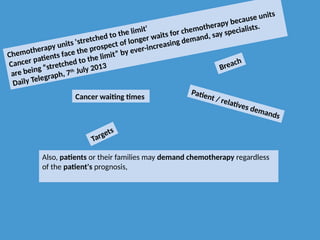 Chemotherapy units 'stretched to the limit'
Cancer patients face the prospect of longer waits for chemotherapy because units
are being “stretched to the limit” by ever-increasing demand, say specialists.
Daily Telegraph, 7th July 2013
Cancer waiting times
Breach
Patient / relatives demands
Targets
Also, patients or their families may demand chemotherapy regardless
of the patient's prognosis,
 