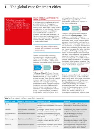 SMART CITIES AS AN APPROACH TO
URBAN PLANNING
It can be tempting to adopt an extremely
prescriptive list of all the supposed
elements of a smart city, but this would
miss the point. While there is some value in
unpacking the various elements that might
constitute a smart city, it would be an
over-simplification to view these as a
check-list that guarantees ‘smartness’. As
has been recognised in various initiatives
across countries, every city is different, and
consequently the definition of ‘smartness’
is not a one-size-fits-all.
A smart city is not a destination –
rather it is a journey of continuous
improvement.
The key to realising this continuous
improvement is a rounded approach
where the efficiency of inputs drives the
effectiveness of outputs – both of which
ultimately support the viability of outcomes.
‘Efficiency of inputs’ refers to the most
productive use of available (and typically
limited) resources by a city in order to
achieve its goals. These could be financial
resources (eg raising funds, budget
allocation and tracking/management),
human resources (eg strong and visionary
leadership) and others. As an example,
superior project management using
centralised and integrated procurement
across a city administration can help in
breaking silos, negotiating better terms
1.	 The global case for smart cities
As has been recognised in
various initiatives across
countries, every city is different,
and consequently the definition
of ‘smartness’ is not a one-size-
fits-all.
17
with suppliers and creating significant
cost savings. A city with such a
procurement system would have one of
the smart city elements.
This input efficiency, however, needs to
translate into effective outputs. These
outputs are traditionally the features
associated with a smart city – infrastructure
solutions in areas such as transport, water,
sanitation, power, housing, health and so on.
‘Effectiveness’ is measured in relation to the
result promised; for example, installation of
energy smart meters that provide useful data
can improve energy use. See further examples
in Table 1.1. Technology is clearly a key
aspect of delivering smart outputs, though
the extent of technology use to achieve smart
outcomes varies, with some cities being
more technologically advanced than others.
Crucially, these outputs must not be viewed as
individually clever pieces of apparatus. They
need to come together in an interconnected
way to create a ‘whole city system’.
Outputs are viewed primarily from the lens
of the service provider, ie what product or
service (such as the smart meter mentioned
above) has been provided? On the other
hand, outcomes are viewed from the lens
of the user. Ultimately, an outcome is
achieved when there is an identifiable
impact on the user’s experience and their
quality of life – whether that user is a
citizen who resides in the city or an
organisation conducting its activities there.
Table 1.1: Smart outputs in different areas of city management
EXAMPLE AREA EXAMPLE SMART OUTPUT BRIEF DESCRIPTION BENEFITS
Energy Smart meters Real-time view of consumption and
two-way flow of data between consumer and
provider
Avoid estimated bills and find better price
deals based on better data on use profile
Transport Advanced traffic management
systems
Creates and analyses real-time traffic data
from traffic hot-spots across the city
Understanding traffic patterns to prevent
congestion and accidents proactively
Commercial/office
spaces
Building management systems Integrated computer-based monitoring/
control of internal environment, eg heating,
light, security
User-led, eg adjusting for internal
(number of people) and external
(weather forecast) factors
Waste management Optimised waste collection Waste bins with compacting capabilities
(fit more in bin) and sensors to alert on
overflows
Can reduce number of bins needed and
avoid inefficient collection routes (ignores
bins that do not need to be emptied)
Healthcare Remote monitoring devices Provide doctors with patient data to enable
diagnosis, treatment and monitoring
Reaching patients in rural/poorly served/
inaccessible areas and reducing cost by
removing the need for doctor to travel
Input
efficiency
Outcome
viability
Output
effectiveness
Input
efficiency
Outcome
viability
Output
effectiveness
Input
efficiency
Outcome
viability
Output
effectiveness
 