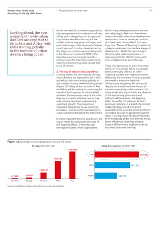 driven the need for a coherent approach to
city management that is relevant to all sizes
of city, and in designing such an approach
to provide a sensible road map for the
smaller cities as they grow into larger, and
potentially mega, cities. A planned (indeed
smart) approach to urban development at
this stage can produce exponential growth
in the return on investment (ROI) in the
future by ensuring managed growth –
and can avoid the calamitous opportunity
cost of a mushrooming urban sprawl that
is out of control.
2. The rise of cities in Asia and Africa
Looking ahead, the vast majority of newly
urban dwellers are expected to be in Asia
and Africa, with India leading globally in
the number of urban dwellers being added
(Figure 1.2). Many of the countries in Asia
and Africa will be making or continuing the
transition from agrarian to industrialised
societies. Consequently, many of the cities
they live in may be relatively new or may
only recently have been experiencing
significant growth. This presents an
important opportunity to use smart city
principles – and to lay the foundations for
viable outcomes that stand the test of time.
It will be important here for countries in the
region not to be seduced by the idea of
the ‘leapfrog effect’, ie that they can
leverage the latest ‘smart’ approaches
(which many developed nations are now
also adopting) to fast-track themselves
instantaneously to the urban development
standards of cities in developed nations
that have been industrialised for a very
long time. The word ‘leapfrog’ implies that
a leap is made over intermediate stages of
development. While the opportunity is
there to make real improvements, it
requires significant effort to make each
one, and patience to see it through.
There may be lessons to learn from other
domains; for example Africa has already
been extensively referred to in the
‘leapfrog’ context with respect to mobile
telephony, the continent having by-passed
the need for extensive fixed-line
infrastructure altogether. No one would
dispute the transformational impact of
mobile connectivity in the continent, but
many would also argue that in the absence
of the supporting governance and
institutional frameworks, the leapfrog
effect has so far not achieved all that it
promised. Similarly, in a smart city context,
installing a large number of smart
applications, for example driven by the IoT
will not be enough. In approaching smart
cities, it will be crucial for governments to
think holistically across how they do things
(input efficiency), what they produce
(output effectiveness) and how it can be
sustained (outcome viability).
19Smarter cities, simpler cities
Accounting for the city of the future
1. The global case for smart cities
Looking ahead, the vast
majority of newly urban
dwellers are expected to
be in Asia and Africa, with
India leading globally
in the number of urban
dwellers being added.
Figure 1.2: Increases in urban population around the world
Source: United Nations (Department of Economic and Social Affairs)
Oceania Europe Americas Africa Asia
By region 2015-2045, ‘000s
+11,888 +32,007
+239,657
+706,185
+1,083,902
By top three countries 2015-2045, ‘000s
India
China
Nigeria +168,904
+271,359
+339,022
 