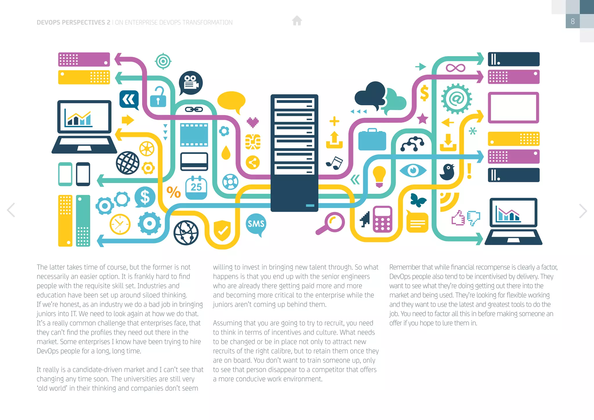 8
The latter takes time of course, but the former is not
necessarily an easier option. It is frankly hard to find
people with the requisite skill set. Industries and
education have been set up around siloed thinking. 
If we’re honest, as an industry we do a bad job in bringing
juniors into IT. We need to look again at how we do that.
It’s a really common challenge that enterprises face, that
they can’t find the profiles they need out there in the
market. Some enterprises I know have been trying to hire
DevOps people for a long, long time. 
It really is a candidate-driven market and I can’t see that
changing any time soon. The universities are still very
‘old world’ in their thinking and companies don’t seem
willing to invest in bringing new talent through. So what
happens is that you end up with the senior engineers
who are already there getting paid more and more
and becoming more critical to the enterprise while the
juniors aren’t coming up behind them.  
Assuming that you are going to try to recruit, you need
to think in terms of incentives and culture. What needs
to be changed or be in place not only to attract new
recruits of the right calibre, but to retain them once they
are on board. You don’t want to train someone up, only
to see that person disappear to a competitor that offers
a more conducive work environment.
Remember that while financial recompense is clearly a factor,
DevOps people also tend to be incentivised by delivery. They
want to see what they’re doing getting out there into the
market and being used. They’re looking for flexible working
and they want to use the latest and greatest tools to do the
job. You need to factor all this in before making someone an
offer if you hope to lure them in. 
devops perspectives 2 | On Enterprise DevOps Transformation
 
