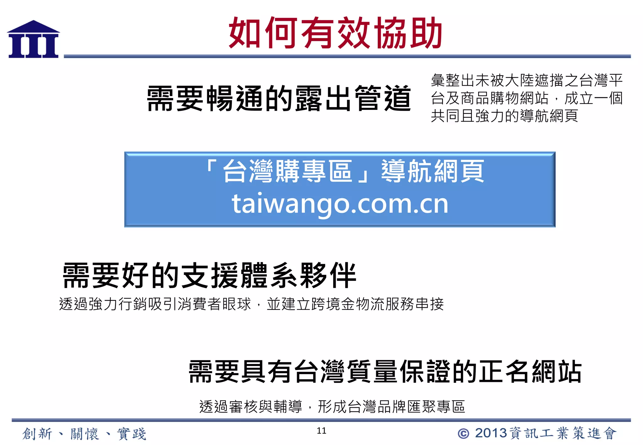 11
需要暢通的露出管道
需要好的支援體系夥伴
需要具有台灣質量保證的正名網站
彙整出未被大陸遮擋之台灣平
台及商品購物網站，成立一個
共同且強力的導航網頁
透過強力行銷吸引消費者眼球，並建立跨境金物流服務串接
透過審核與輔導，形成台灣品牌匯聚專區
「台灣購專區」導航網頁
taiwango.com.cn
如何有效協助
 