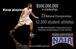 Check out PlayNAIA.org/GameOn
Keep playing.
National Championships
The NAIA offers thousands of opportunities to earn a
scholarship and keep playing at a 4-year university.
$500,000,000
in scholarships
62,000 student-athletes
23
 