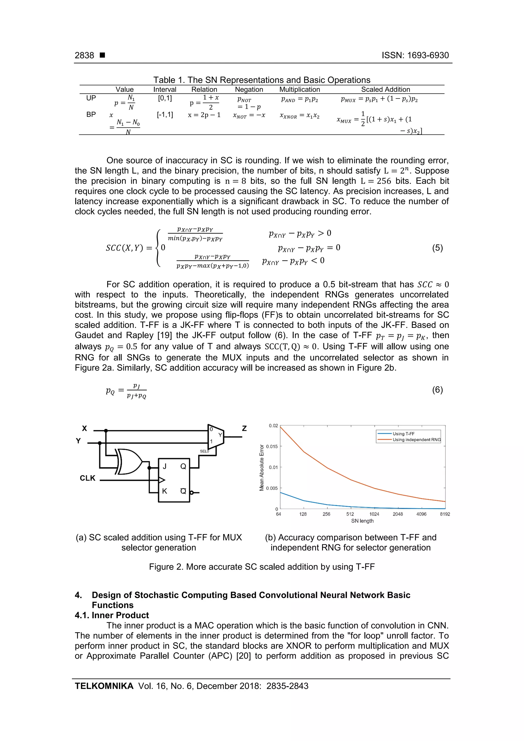  ISSN: 1693-6930 TELKOMNIKA Vol. 16, No. 6, December 2018: 2835-2843 2838 Table 1. The SN Representations and Basic Operations Value Interval Relation Negation Multiplication Scaled Addition UP 𝑝 = 𝑁1 𝑁 [0,1] p = 1 + 𝑥 2 𝑝 𝑁𝑂𝑇 = 1 − 𝑝 𝑝 𝐴𝑁𝐷 = 𝑝1 𝑝2 𝑝 𝑀𝑈𝑋 = 𝑝𝑠 𝑝1 + (1 − 𝑝𝑠)𝑝2 BP 𝑥 = 𝑁1 − 𝑁0 𝑁 [-1,1] x = 2p − 1 𝑥 𝑁𝑂𝑇 = −𝑥 𝑥 𝑋𝑁𝑂𝑅 = 𝑥1 𝑥2 𝑥 𝑀𝑈𝑋 = 1 2 [(1 + 𝑠)𝑥1 + (1 − 𝑠)𝑥2] One source of inaccuracy in SC is rounding. If we wish to eliminate the rounding error, the SN length L, and the binary precision, the number of bits, n should satisfy L = 2 𝑛 . Suppose the precision in binary computing is n = 8 bits, so the full SN length L = 256 bits. Each bit requires one clock cycle to be processed causing the SC latency. As precision increases, L and latency increase exponentially which is a significant drawback in SC. To reduce the number of clock cycles needed, the full SN length is not used producing rounding error. 𝑆𝐶𝐶(𝑋, 𝑌) = { 𝑝 𝑋∩𝑌−𝑝 𝑋 𝑝 𝑌 𝑚𝑖𝑛(𝑝 𝑋,𝑝 𝑌)−𝑝 𝑋 𝑝 𝑌 𝑝 𝑋∩𝑌 − 𝑝 𝑋 𝑝 𝑌 > 0 0 𝑝 𝑋∩𝑌 − 𝑝 𝑋 𝑝 𝑌 = 0 𝑝 𝑋∩𝑌−𝑝 𝑋 𝑝 𝑌 𝑝 𝑋 𝑝 𝑌−𝑚𝑎𝑥(𝑝 𝑋+𝑝 𝑌−1,0) 𝑝 𝑋∩𝑌 − 𝑝 𝑋 𝑝 𝑌 < 0 (5) For SC addition operation, it is required to produce a 0.5 bit-stream that has 𝑆𝐶𝐶 ≈ 0 with respect to the inputs. Theoretically, the independent RNGs generates uncorrelated bitstreams, but the growing circuit size will require many independent RNGs affecting the area cost. In this study, we propose using flip-flops (FF)s to obtain uncorrelated bit-streams for SC scaled addition. T-FF is a JK-FF where T is connected to both inputs of the JK-FF. Based on Gaudet and Rapley [19] the JK-FF output follow (6). In the case of T-FF 𝑝 𝑇 = 𝑝𝐽 = 𝑝 𝐾, then always 𝑝 𝑄 = 0.5 for any value of T and always SCC(T, Q) ≈ 0. Using T-FF will allow using one RNG for all SNGs to generate the MUX inputs and the uncorrelated selector as shown in Figure 2a. Similarly, SC addition accuracy will be increased as shown in Figure 2b. 𝑝 𝑄 = 𝑝 𝐽 𝑝 𝐽+𝑝 𝑄 (6) (a) SC scaled addition using T-FF for MUX selector generation (b) Accuracy comparison between T-FF and independent RNG for selector generation Figure 2. More accurate SC scaled addition by using T-FF 4. Design of Stochastic Computing Based Convolutional Neural Network Basic Functions 4.1. Inner Product The inner product is a MAC operation which is the basic function of convolution in CNN. The number of elements in the inner product is determined from the "for loop" unroll factor. To perform inner product in SC, the standard blocks are XNOR to perform multiplication and MUX or Approximate Parallel Counter (APC) [20] to perform addition as proposed in previous SC 