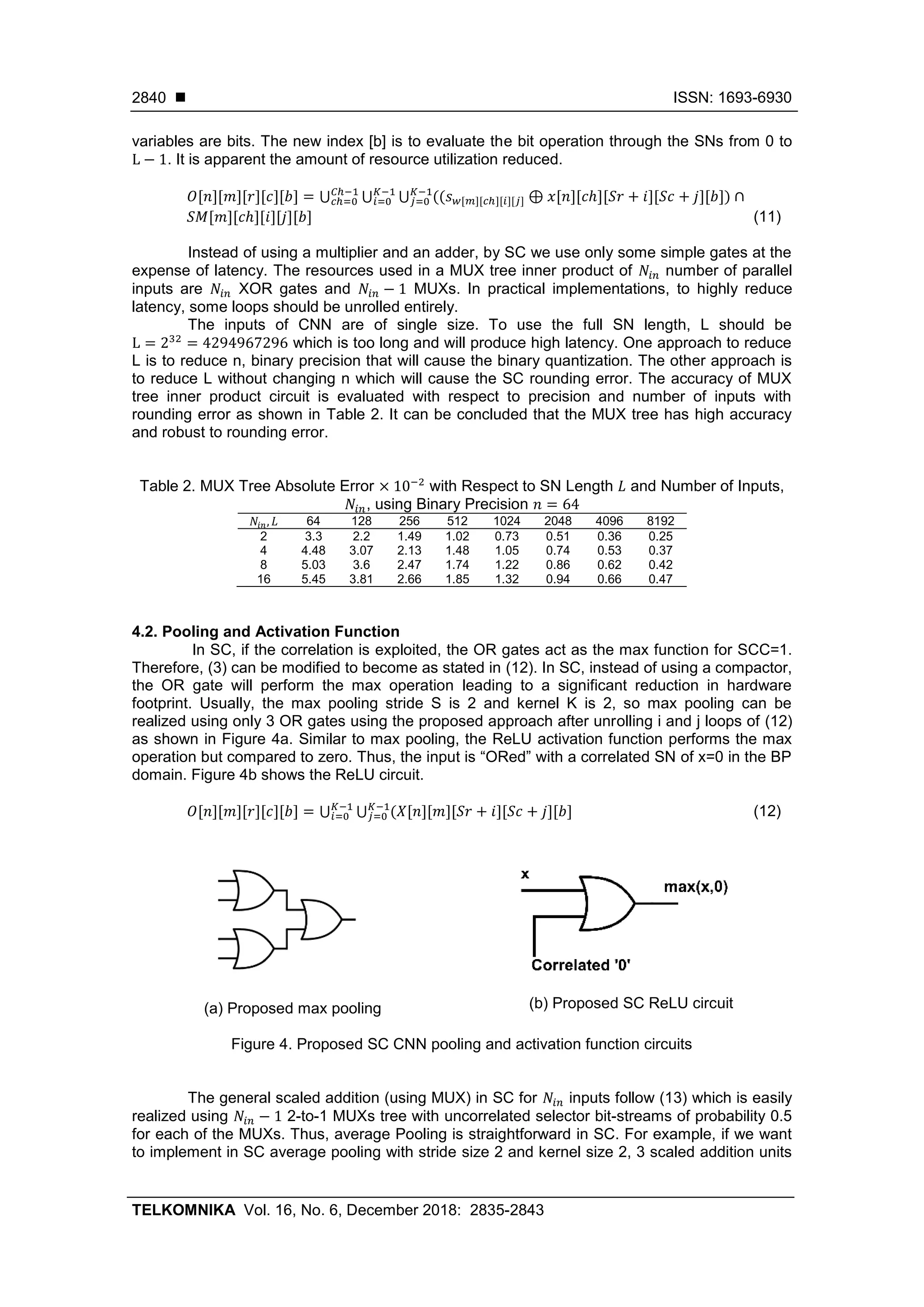  ISSN: 1693-6930 TELKOMNIKA Vol. 16, No. 6, December 2018: 2835-2843 2840 variables are bits. The new index [b] is to evaluate the bit operation through the SNs from 0 to L − 1. It is apparent the amount of resource utilization reduced. 𝑂[𝑛][𝑚][𝑟][𝑐][𝑏] = ⋃ ⋃ ⋃ ((𝑠 𝑤[𝑚][𝑐ℎ][𝑖][𝑗] ⊕ 𝑥[𝑛][𝑐ℎ][𝑆𝑟 + 𝑖][𝑆𝑐 + 𝑗][𝑏]) ∩𝐾−1 𝑗=0 𝐾−1 𝑖=0 𝐶ℎ−1 𝑐ℎ=0 𝑆𝑀[𝑚][𝑐ℎ][𝑖][𝑗][𝑏] (11) Instead of using a multiplier and an adder, by SC we use only some simple gates at the expense of latency. The resources used in a MUX tree inner product of 𝑁𝑖𝑛 number of parallel inputs are 𝑁𝑖𝑛 XOR gates and 𝑁𝑖𝑛 − 1 MUXs. In practical implementations, to highly reduce latency, some loops should be unrolled entirely. The inputs of CNN are of single size. To use the full SN length, L should be L = 232 = 4294967296 which is too long and will produce high latency. One approach to reduce L is to reduce n, binary precision that will cause the binary quantization. The other approach is to reduce L without changing n which will cause the SC rounding error. The accuracy of MUX tree inner product circuit is evaluated with respect to precision and number of inputs with rounding error as shown in Table 2. It can be concluded that the MUX tree has high accuracy and robust to rounding error. Table 2. MUX Tree Absolute Error × 10−2 with Respect to SN Length 𝐿 and Number of Inputs, 𝑁𝑖𝑛, using Binary Precision 𝑛 = 64 𝑁𝑖𝑛, 𝐿 64 128 256 512 1024 2048 4096 8192 2 3.3 2.2 1.49 1.02 0.73 0.51 0.36 0.25 4 4.48 3.07 2.13 1.48 1.05 0.74 0.53 0.37 8 5.03 3.6 2.47 1.74 1.22 0.86 0.62 0.42 16 5.45 3.81 2.66 1.85 1.32 0.94 0.66 0.47 4.2. Pooling and Activation Function In SC, if the correlation is exploited, the OR gates act as the max function for SCC=1. Therefore, (3) can be modified to become as stated in (12). In SC, instead of using a compactor, the OR gate will perform the max operation leading to a significant reduction in hardware footprint. Usually, the max pooling stride S is 2 and kernel K is 2, so max pooling can be realized using only 3 OR gates using the proposed approach after unrolling i and j loops of (12) as shown in Figure 4a. Similar to max pooling, the ReLU activation function performs the max operation but compared to zero. Thus, the input is “ORed” with a correlated SN of x=0 in the BP domain. Figure 4b shows the ReLU circuit. 𝑂[𝑛][𝑚][𝑟][𝑐][𝑏] = ⋃ ⋃ (𝑋[𝑛][𝑚][𝑆𝑟 + 𝑖][𝑆𝑐 + 𝑗][𝑏]𝐾−1 𝑗=0 𝐾−1 𝑖=0 (12) (a) Proposed max pooling (b) Proposed SC ReLU circuit Figure 4. Proposed SC CNN pooling and activation function circuits The general scaled addition (using MUX) in SC for 𝑁𝑖𝑛 inputs follow (13) which is easily realized using 𝑁𝑖𝑛 − 1 2-to-1 MUXs tree with uncorrelated selector bit-streams of probability 0.5 for each of the MUXs. Thus, average Pooling is straightforward in SC. For example, if we want to implement in SC average pooling with stride size 2 and kernel size 2, 3 scaled addition units 