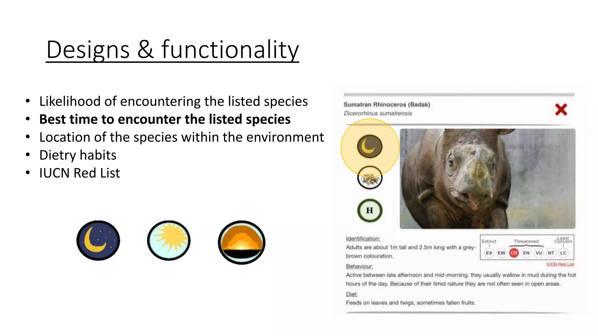 Designs & functionality
• Likelihood of encountering the listed species
• Best time to encounter the listed species
• Location of the species within the environment
• Dietry habits
• IUCN Red List
 
