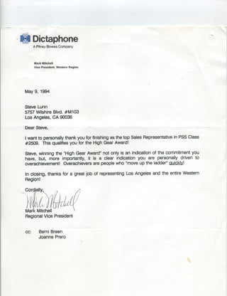 Dictaphone High Gear Award Letter from Vice President of Sales054