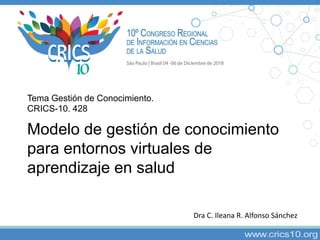 Modelo de gestión de conocimiento
para entornos virtuales de
aprendizaje en salud
Tema Gestión de Conocimiento.
CRICS-10. 428
Dra C. Ileana R. Alfonso Sánchez
 