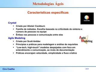 Ciro Coelho 14/37
Metodologias Ágeis
Características específicas
Crystal
 Criado por Alistair Cockburn
 Família de métodos. Escolha baseada na criticidade do sistema e
número de pessoas na equipe
 Ênfase nas pessoas e comunicação entre elas
Agile Modeling
 Criado por Scott Ambler
 Princípios e práticas para modelagem e análise de requisitos
 “Low-tech, high-touch”:modelos despojados com foco em
entendimento e comunicação, ao invés de documentação
 Práticas encorajam velocidade, simplicidade e fluxo criativo
 
