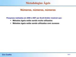 Ciro Coelho 20/37
Metodologias Ágeis
Números, números, números
Pesquisas realizadas em 2006 e 2007 por Scott Ambler mostram que:
 Métodos ágeis estão sendo muito utilizados
 Métodos ágeis estão sendo utilizados com sucesso
 