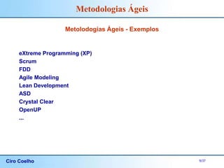 Ciro Coelho 9/37
Metodologias Ágeis
Metolodogias Ágeis - Exemplos
eXtreme Programming (XP)
Scrum
FDD
Agile Modeling
Lean Development
ASD
Crystal Clear
OpenUP
...
 