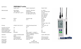 Specifications PORTABLE F series
FiveGo™ pH F2 FiveGo™ conductivity F3 FiveGo™ DO F4
Measuring range 0.00-14.00 pH 0.00 μS/cm…200 mS/cm 0.1…400 %
-1999…1999 mV (conductivity) 0.01...45.00 mg/L, ppm
0 °C -100 °C (32 °F…212 °F) 0.01 mg/L…200 g/L (TDS) 0 °C-50 °C
0 °C-100 °C (32 °F…212 °F) 375…825 mm Hg,
500…1100 mbar,
500…1100 hPa
0.0…50.0 ppt
Resolution 0.01 pH Automatic range 0.10%
1 mV 0.1 °C 0.01 mg/L
0.1 °C 0.01 ppm
0.1 °C
1 mm Hg, 1 mbar, 1 hPa
0.1 ppt
Accuracy ±0.01pH / ±1mV / ±0.5 °C ±0.5% of the measured value ± 1% / ± 1% / ± 1%
± 0.5 °C ± 0.3 °C
Automatic and manual yes yes yes
endpoint recording
Acoustic endpoint signal yes yes yes
Visual endpoint signal yes yes yes
Temperaturecompensation ATC & MTC Linear: 0.00%/ °C …10.00%/ °C, ATC & MTC
reference temperature: 20 & 25 °C
Calibration 3 points, 4 predefined buffer 1 point, 3 predefined 2 points, 100% and 0%
groups standards
Memory size 200 measurements, 200 measurements, 200 measurements,
current calibration current calibration current calibration
Sensor inputs BNC, Cinch, NTC 30 kΩ LTW 7-pin BNC, Cinch, NTC 30 kΩ
IP protection
Power supply
Size/Weight
Ip67
4 x Baterre AAA
188 x 77 x 33 mm / 0.26 kg
 