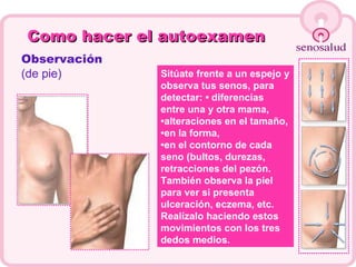 Como hacer el autoexamen Sitúate frente a un espejo y observa tus senos, para detectar: • diferencias entre una y otra mama,  • alteraciones en el tamaño,  • en la forma,  • en el contorno de cada seno (bultos, durezas, retracciones del pezón. También observa la piel para ver si presenta ulceración, eczema, etc.  Realízalo haciendo estos movimientos con los tres dedos medios. Observación (de pie) 