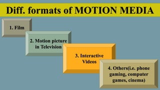 Diff. formats of MOTION MEDIA
1. Film
2. Motion picture
in Television
3. Interactive
Videos
4. Others(i.e. phone
gaming, computer
games, cinema)
 