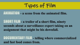 Types of Film
- a scene from the animated film.
- a trailer of a short film, ninety
seconds about a surveillance expert taking on an
assignment that might be his downfall.
- telling where commercialized
and fast food comes from.
 