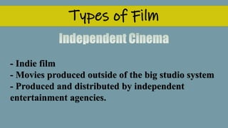 Types of Film
- Indie film
- Movies produced outside of the big studio system
- Produced and distributed by independent
entertainment agencies.
 