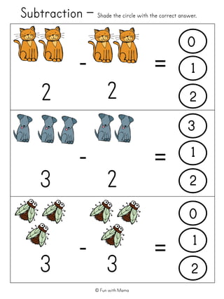 Subtraction – Shade the circle with the correct answer.
!
!
!
"
"
"
23
22
33
0
1
2
3
1
2
0
1
2
© Fun with Mama
 