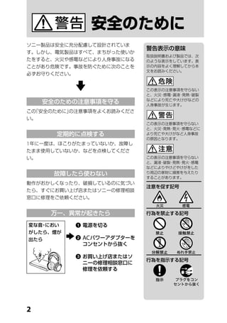 安全のために
ソニー製品は安全に充分配慮して設計されていま
                                 警告表示の意味
す。しかし、電気製品はすべて、まちがった使いか
                                 取扱説明書および製品では、次
たをすると、火災や感電などにより人身事故になる          のような表示をしています。表
ことがあり危険です。事故を防ぐために次のことを          示の内容をよく理解してから本
                                 文をお読みください。
必ずお守りください。


                                この表示の注意事項を守らない
                                 と、火災 感電 漏液 発熱 破裂
                                     ・  ・  ・  ・

     安全のための注意事項を守る               などにより死亡や大けがなどの
                                 人身事故が生じます。
この「安全のために」の注意事項をよくお読みくださ
い。
                                 この表示の注意事項を守らない
                                 と、火災 発熱 発火 感電などに
                                     ・ ・ ・
       定期的に点検する                  より死亡や大けがなど人身事故
                                 の原因となります。
1 年に一度は、ほこりがたまっていないか、故障し
たまま使用していないか、などを点検してくださ
い。                               この表示の注意事項を守らない
                                 と、漏液 破裂 発熱 発火 感電
                                     ・ ・ ・ ・
                                 などによりやけどやけがをした
      故障したら使わない                  り周辺の家財に損害を与えたり
                                 することがあります。
動作がおかしくなったり、破損しているのに気づい
                                 注意を促す記号
たら、すぐにお買い上げ店またはソニーの修理相談
窓口に修理をご依頼ください。


      万一、異常が起きたら                 行為を禁止する記号

変な音 におい
   ・           電源を切る

          
がしたら、煙が
出たら              AC パワーアダプターを
                  コンセントから抜く

               お買い上げ店またはソ
                                 行為を指示する記号
                ニーの修理相談窓口に
                修理を依頼する





 