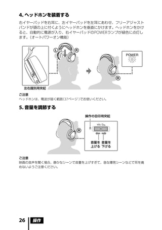 . ヘッドホンを装着する
右イヤーパッドを右耳に、左イヤーパッドを左耳にあわせ、フリーアジャスト
バンドが頭の上に付くようにヘッドホンを垂直にかけます。ヘッドホンをかけ
ると、自動的に電源が入り、右イヤーパッドの POWER ランプが緑色に点灯し
ます。（オートパワーオン機能）




 左右識別用突起

ご注意
ヘッドホンは、電波が届く範囲 37 ページ ）
              （        でお使いください。

. 音量を調節する
                       操作の目印用突起




                         音量を 音量を
                         上げる 下げる


ご注意
映画の音声を聞く場合、静かなシーンで音量を上げすぎて、急な爆発シーンなどで耳を痛
めないようご注意ください。




26   操作
 