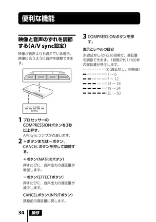 便利な機能

映像と音声のずれを調節
                          COMPRESSIONボタンを押
                          す。
する A/V sync 設定）
  （
                         表示とレベルの目安
映像が音声よりも遅れている場合、         0 遅延なし） 30 段階で、遅延量
                         （      から
映像に合うように音声を調整できま         を調整できます。1 段階で約 1/100 秒
す。                       の遅延量が発生します。
                               ：（遅延なし、初期値）
                                0
                               ： ∼6
                                1
                               ： ∼ 12
                                7
                               ： ∼ 18
                                13
                               ： ∼ 24
                                19
                               ： ∼ 30
                                25




1 プロセッサーの
 COMPRESSION ボタンを 3 秒
 以上押す。
 A/V sync ランプが点滅します。
 ＋ボタンまたは−ボタン、
 CANCEL ボタンを押して調整す
 る。

 ＋ボタン MATRIX ボタン）
     （
 押すたびに、音声出力の遅延量が
 増加します。

 −ボタン EFFECT ボタン）
     （
 押すたびに、音声出力の遅延量が
 減少します。

 CANCEL ボタン INPUT ボタン）
           （
 調整前の遅延量に戻します。


34    操作
 