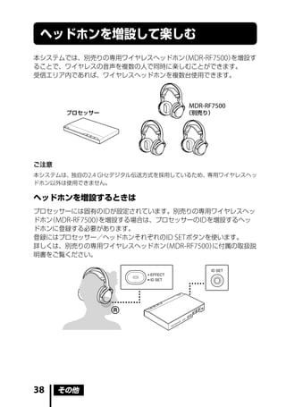ヘッドホンを増設して楽しむ
本システムでは、別売りの専用ワイヤレスヘッドホン MDR-RF7500）
                        （           を増設す
ることで、ワイヤレスの音声を複数の人で同時に楽しむことができます。
受信エリア内であれば、ワイヤレスヘッドホンを複数台使用できます。



                               MDR-RF7500
       プロセッサー                  （別売り）




ご注意
本システムは、独自の 2.4 GHz デジタル伝送方式を採用しているため、専用ワイヤレスヘッ
ドホン以外は使用できません。

ヘッドホンを増設するときは
プロセッサーには固有の ID が設定されています。別売りの専用ワイヤレスヘッ
ドホン MDR-RF7500）
   （           を増設する場合は、プロセッサーの ID を増設するヘッ
ドホンに登録する必要があります。
登録にはプロセッサー／ヘッドホンそれぞれの ID SET ボタンを使います。
詳しくは、別売りの専用ワイヤレスヘッドホン MDR-RF7500）
                         （          に付属の取扱説
明書をご覧ください。




38    その他
 