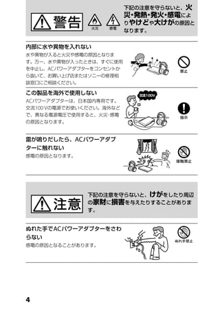 下記の注意を守らないと、火
                            災 発熱 発火 感電によ
                             ・ ・ ・
                            りやけどや大けがの原因と
                            なります。


内部に水や異物を入れない
水や異物が入ると火災や感電の原因となりま
す。万一、水や異物が入ったときは、すぐに使用
を中止し、AC パワーアダプターをコンセントか
ら抜いて、お買い上げ店またはソニーの修理相
談窓口にご相談ください。

この製品を海外で使用しない
AC パワーアダプターは、日本国内専用です。
交流 100 V の電源でお使いください。海外など
で、異なる電源電圧で使用すると、火災 感電
                  ・
の原因となります。


雷が鳴りだしたら、AC パワーアダプ
ターに触れない
感電の原因となります。




                下記の注意を守らないと、けがをしたり周辺
                の家財に損害を与えたりすることがありま
                す。


ぬれた手で AC パワーアダプターをさわ
らない
感電の原因となることがあります。





 