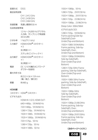 変調方式     DSSS                       1920 × 1080p、50 Hz
搬送波周波数                              1280 × 720p、29.97/30 Hz
            ：
         CH1 2.412 GHz              1920 × 1080p、29.97/30 Hz
            ：
         CH2 2.438 GHz              1280 × 720p、23.98/24 Hz
            ：
         CH3 2.464 GHz
                                    1920 × 1080p、23.98/24 Hz
到達距離     見通し最長約 30 ｍ
                                                 ：
                                    Deep Color 30bit/36bit
伝送周波数帯域
                                    ビデオ入出力 3D）   （
         12 Hz ∼ 24,000 Hz デジタル
                         （
         入力時、サンプリング周波数
                                    1280 × 720p、59.94/60 Hz
                                    Frame packing,Side-by-
         48 kHz 時）
                                    Side(Half ),Over-
ひずみ率     1 % 以下 1 kHz）
               （                    Under(Top-and-Bottom)
入力端子     HDMI HDMI® コネクター）
             （                      1920 × 1080i 59.94/60Hz
         ×3                         Frame packing, Side-by-
         光（角型） 1 ×                  Side(Half ), Over-
         ステレオピンジャック× 1              Under(Top-and-Bottom)
出力端子     HDMI HDMI® コネクター）
             （                      1920 × 1080p 59.94/60Hz
         ×1                         Side-by-Side(Half ),
                                    Over-Under(Top-and-
         光（角型） 1 ×
                                    Bottom)
電源             （付属の AC パワーア
         DC 12 V
                                    1280 × 720p 50Hz Frame
         ダプターを使用）
                                    packing, Side-by-Side(Half ),
最大外形寸法                              Over-Under(Top-and-
          約 252 × 36 × 159 mm       Bottom)
         （幅／高さ／奥行き）                 1920 × 1080i 50Hz Frame
質量       約 480 g                    packing, Side-by-Side(Half ),
                                    Over-Under(Top-and-
                                    Bottom)
HDMI 部
                                    1920 × 1080p 50Hz
コネクター    HDMI® コネクター                Side-by-Side(Half ),
ビデオ入出力                              Over-Under(Top-and-
         HDMI IN 1/2/3, HDMI OUT：   Bottom)
         640 × 480p、59.94/60 Hz     1920 × 1080p 23.98/24Hz
                                    Frame packing, Side-by-
         720 × 480p、59.94/60 Hz
                                    Side(Half ), Over-
         1280 × 720p、59.94/60 Hz    Under(Top-and-Bottom)
         1920 × 1080i、59.94/60 Hz   1920 × 1080p 29.97/30Hz
         1920 × 1080p、59.94/60 Hz   Frame packing, Side-by-
         720 × 576p、50 Hz           Side(Half ), Over-
                                    Under(Top-and-Bottom)
         1280 × 720p、50 Hz
         1920 × 1080i、50 Hz               （次のページへつづく）


                                              その他           49
 