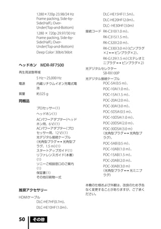1280 × 720p 23.98/24 Hz         DLC-HE15HF 1.5m）
                                                   （    、
        Frame packing, Side-by-         DLC-HE20HF 2.0m）
                                                   （    、
        Side(Half ), Over-
                                        DLC- HE30HF 3.0m）
                                                   （
        Under(Top-and-Bottom)
                                  接続コード RK-C310 1.0 m）
                                              （       、
        1280 × 720p 29.97/30 Hz
        Frame packing, Side-by-         RK-C315 1.5 m）
                                              （       、
        Side(Half ), Over-              RK-C320 2.0 m）
                                              （       、
        Under(Top-and-Bottom)           RK-C330 3.0 m）ピンプラグ
                                              （      （
                     ：
        Deep Color 30bit/36bit          × 2  ピンプラグ× 2）   、
                                        RK-G129 1.5 m）ステレオミ
                                              （      （
                                        ニプラグ  ピンプラグ× 2）
ヘッドホン     MDR-RF7500
                                  光デジタルセレクター
再生周波数帯域                                  SB-RX100P
        5 Hz ∼ 25,000 Hz          光デジタル接続ケーブル
電源      内蔵リチウムイオン充電式電                   POC-5A 0.5 m）
                                             （       、
        池                                POC-10A 1.0 m）
                                               （       、
質量      約 325 g                          POC-15A 1.5 m）
                                               （       、

同梱品                                      POC-20A 2.0 m）
                                               （       、
                                         POC-30A 3.0 m）
                                               （       、
        プロセッサー 1）
              （
                                         POC-5DSA 0.5 m）
                                                 （      、
        ヘッドホン 1）
             （
                                         POC-10DSA 1.0 m）
                                                  （      、
        AC パワーアダプター （ヘッド
        ホン用、6 V）1）
               （                         POC-20DSA（2.0 m）、
        AC パワーアダプター （プロ                  POC-30DSA 3.0 m）
                                                  （
        セッサー用、12 V）1）
                   （                     （光角型プラグ  光角型プ
        光デジタル接続ケーブル                       ラグ）、
       （光角型プラグ  光角型プ
                                         POC-5AB 0.5 m）
                                               （       、
        ラグ、1.5 m）1）
                （
        スタートアップガイド 1）（                   POC-10AB 1.0 m）
                                                （       、
        リファレンスガイド   （本書）                 POC-15AB 1.5 m）
                                                （       、
       （1）                               POC-20AB 2.0 m）
                                                （       、
        ソニーご相談窓口のご案内
                                         POC-30AB 3.0 m）
                                                （
       （1）
                                         （光角型プラグ  光ミニプ
        保証書 1）
           （
                                          ラグ）
        その他印刷物一式

                                  本機の仕様および外観は、改良のため予告
推奨アクセサリー                          なく変更することがありますが、ご了承く
                                  ださい。
HDMI ケーブル
        DLC-HE7HF(0.7m)、
        DLC-HE10HF 1.0m）
                 （      、



50    その他
 
