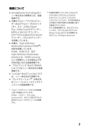 商標について
	Virtualphones Technology はソ   ** 米国特許番号 5,451,942; 5,956,674;
  ニー株式会社の商標または、登録                  5,974,380; 5,978,762; 6,226,616;
  商標です。                            6,487,535; 7,212,872; 7,333,929;
                                   7,392,195; 7,272,567、その他米国およ
	本機はドルビー * デジタルデコー
                                  び米国外で特許申請中の実施権に基づ
  ダーおよびドルビープロロジック
                                  き製造されています。
 （Ⅱ x、Ⅱ z） Dolby Digital
            、
                                  DTS は登録商標です。また DTS ロゴ、
  Plus、 Dolby TrueHD デコーダー、       シンボル、DTS-HD および DTS-HD
  MPEG-2 AAC LC）
              （    デコーダー、         Master Audio は DTS 社の商標です。
  DTS** DTS-ES および DTS 96/24）
       （                          ©DTS, Inc. All Rights Reserved.
  デコーダー、DTS-HD デコーダー
  を搭載しています。
	本機は、High-Definition
                         ®
  Multimedia Interface HDMI ）
                     （
  技術を搭載しています。
	 HDMI、HDMI ロゴ、及び
 High-Definition Multimedia
 Interface は、HDMI Licensing
 LLC の商標もしくは米国およびそ
  の他の国における登録商標です。
	 ブラビアリンク”
 “              および BRAVIA
                      “
  Link” ロゴはソニー株式会社の登録
  商標です。
	 x.v.Color”
 “           および x.v.Color”
                “          ロゴ
  は、ソニー株式会社の商標です。
	 プレイステーション ”
 “                ®    は株式会
  社ソニー コンピュータエンタテイ
          ・
  ンメントの登録商標です。

* ドルビーラボラトリーズからの実施権
 に基づき製造されています。
 Dolby、ドルビー、Pro Logic、
 Surround EX、AAC ロゴ及びダブル D
 記号はドルビーラボラトリーズの商標
 です。




                                                                    
 