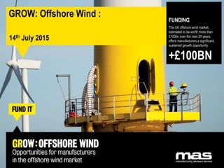 GROW: Offshore Wind :
14th July 2015
FUNDING
The UK offshore wind market,
estimated to be worth more than
£100bn over the next 20 years,
offers manufacturers a significant,
sustained growth opportunity.
+£100BN
 