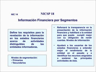 NICSP 18
Información Financiera por Segmentos
NIC 14
77 párrafos
Define los requisitos para la
revelación de la información
en los estados financieros
acerca de actividades
distinguibles de las
entidades informadoras.
• Reforzará la transparencia en la
presentación de la información
financiera y habilitará a la entidad
para que pueda cumplir mejor
con su obligación de rendir
cuentas. Niveles de información
• Ayudará a los usuarios de los
estados financieros a entender
mejor el rendimiento de la
entidad en el pasado y a
identificar los recursos asignados
a sostener las principales
actividades de ésta.
Niveles de segmentación:
Primarios
Secundarios
 
