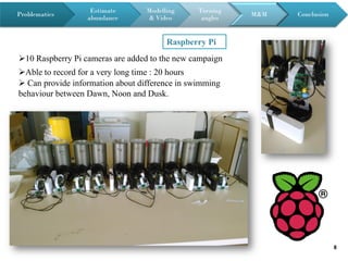 8
Raspberry Pi
10 Raspberry Pi cameras are added to the new campaign
Able to record for a very long time : 20 hours
 Can provide information about difference in swimming
behaviour between Dawn, Noon and Dusk.
Problematics
Estimate
abundance
Modelling
& Video
Turning
angles
M&M Conclusion
 