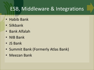 • Habib Bank
• Silkbank
• Bank Alfalah
• NIB Bank
• JS Bank
• Summit Bank (Formerly Atlas Bank)
• Meezan Bank
ESB, Middlew...