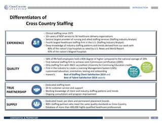 CONFIDENTIAL & PROPRIETARY 4
Differentiators of
Cross Country Staffing
INTRODUCTION
EXPERIENCE
• Clinical staffing since 1975
• 10+ years of MSP service to 56 healthcare delivery organizations
• Second largest provider of nursing and allied staffing services (Staffing Industry Analyst)
• Fourth largest healthcare staffing firm in the U.S. (Staffing Industry Analyst)
• Deep knowledge of industry staffing patterns and trends derived from our work with
- 80% of the nation’s top hospitals as rated by U.S. News and World Report
- 93% of the nation's Magnet hospitals
QUALITY
• 58% of RN field employees hold a BSN degree or higher compared to the national average of 34%
• First national staffing firm to achieve Joint Commission certification (2005)
• Only staffing firm with ANCC-accredited University for Continuing Education credits
• First in the industry to create a Learning Management System (LMS);
customized education, orientation, testing and onboarding
• Inavaro’s Best of Staffing Client Satisfaction 2014 and
Best of Talent Satisfaction 2014 awards
TRUE
PARTNERSHIP
• Dedicated staffing team
• 24-hr customer service and support
• Working knowledge of client and industry staffing patterns and trends
• Ongoing consultation and program improvement
SUPPLY
• Dedicated travel, per diem and permanent placement brands
• 400+ staffing partners who meet the same quality standards as Cross Country
• Database of more than 400,000 highly qualified healthcare professionals
 