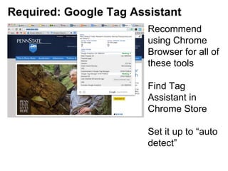 Required: Google Tag Assistant
Recommend
using Chrome
Browser for all of
these tools
Find Tag
Assistant in
Chrome Store
Set it up to “auto
detect”
 