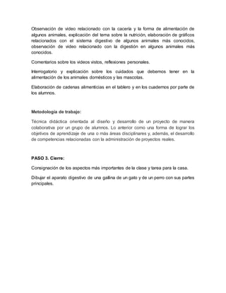 Observación de video relacionado con la cacería y la forma de alimentación de
algunos animales, explicación del tema sobre la nutrición, elaboración de gráficos
relacionados con el sistema digestivo de algunos animales más conocidos,
observación de video relacionado con la digestión en algunos animales más
conocidos.
Comentarios sobre los videos vistos, reflexiones personales.
Interrogatorio y explicación sobre los cuidados que debemos tener en la
alimentación de los animales domésticos y las mascotas.
Elaboración de cadenas alimenticias en el tablero y en los cuadernos por parte de
los alumnos.
Metodología de trabajo:
Técnica didáctica orientada al diseño y desarrollo de un proyecto de manera
colaborativa por un grupo de alumnos. Lo anterior como una forma de lograr los
objetivos de aprendizaje de una o más áreas disciplinares y, además, el desarrollo
de competencias relacionadas con la administración de proyectos reales.
PASO 3. Cierre:
Consignación de los aspectos más importantes de la clase y tarea para la casa.
Dibujar el aparato digestivo de una gallina de un gato y de un perro con sus partes
principales.
 