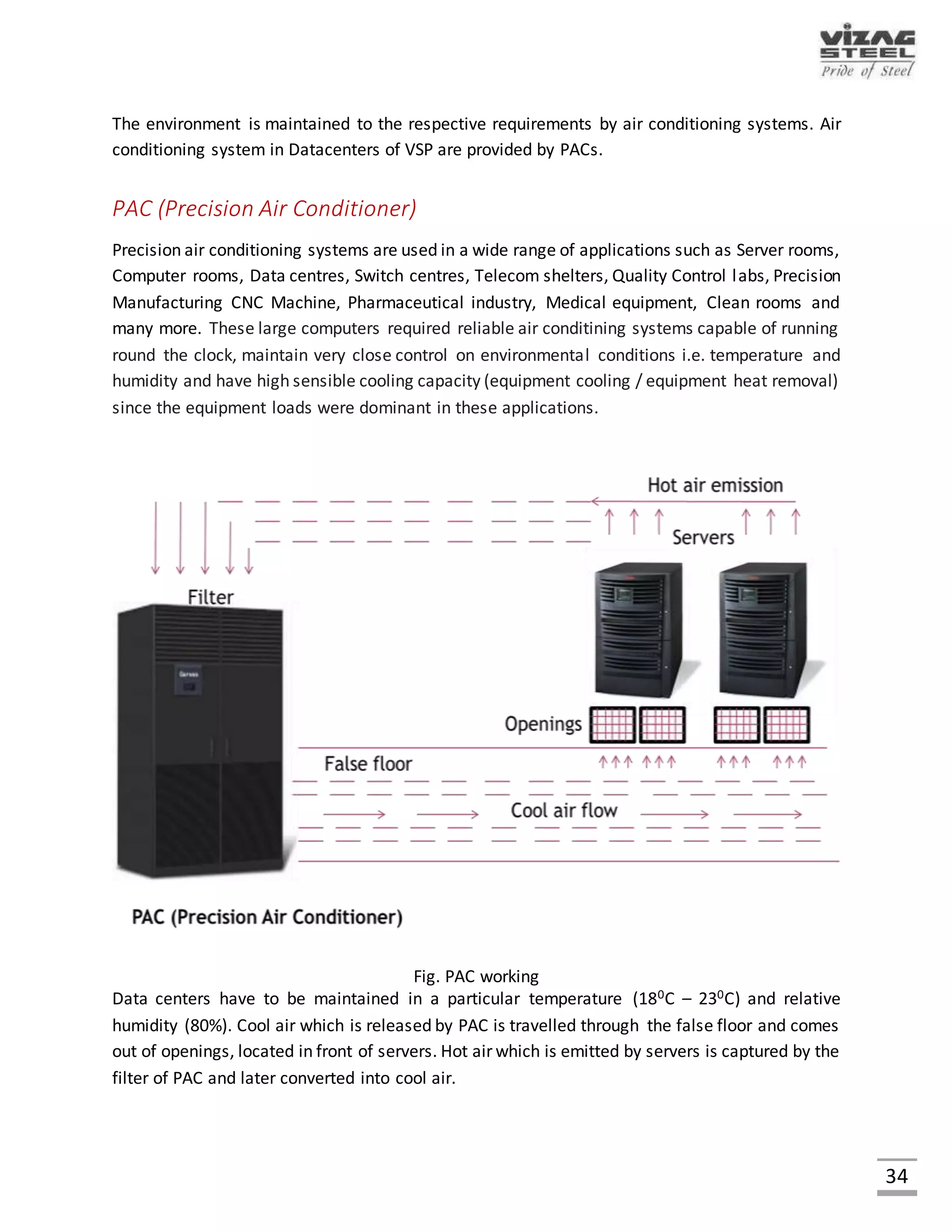 34
MANAGING DATA CENTRES
The management of the Data Centre which houses all the hardware components and few of the
networking tools require the two basic things
 Power supply
 Cooling
 Backup
POWER SUPPLY
Power for the data centers in VSP are from two main sources.
 TPP (Thermal Power Plant)
 APSEB (Andhra Pradesh State Electrical Board)
The uninterrupted power supply (UPS) unit is used as stand by power supply during interruption
of regular power supply due to load shedding, power failure, power fluctuations etc. The UPS
provides a reliable and stable power to the equipments/systems sensitive to power variations
and interruptions. It functions as voltage stabilizer and at the same time it isolates the
equipment/systems from the power lines.
The UPS consists of a battery charger an inverter, output transformer, a set of batteries, control
circuits and transient/EMI filters. Data centers are operated even in the absence of power failure
with the help of batteries for an hour. The power sources can be altered by using bus coupler.
Fig. Uninterrupted Power Supply
 