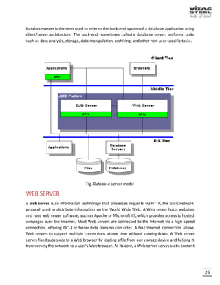 26
HARDWARE
SERVER
A server is a program that awaits and fulfills requests from client programs in the same or other
computers. A given application in a computer may function as a client with requests for services
from other programs and also as a server of requests from other programs. In information
technology, a server is a computer program that provides services to other computer programs
(and their users) in the same or other computers.
Fig. A server room
Servers used in ERP Department at VSP
 Application Server
 Data Base Server
 Rack Mount Server
 Web Server
 Blade Server
 Quorum Server
 Back Up Server
 SAN (Storage Area Network)
 NAS (Network Attached Storage)
 